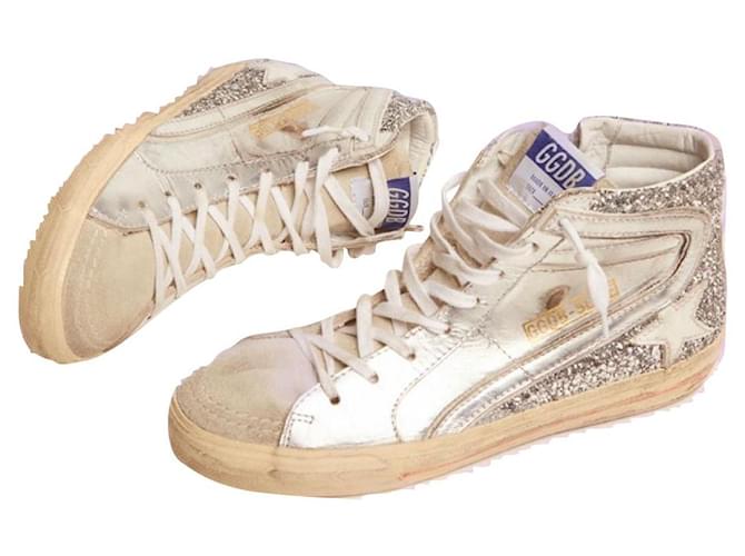Golden Goose Deluxe Brand Slide sneakers with laminated leather upper and silver glitter Silvery  ref.678666